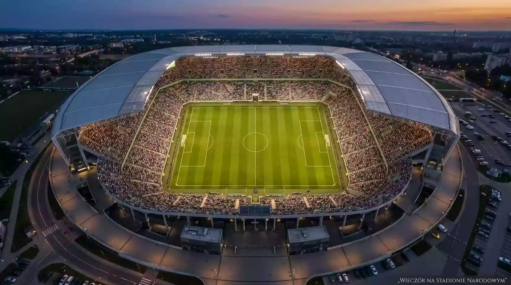 Atmosfera wieczornego meczu Serie A na pełnym stadionie z oświetloną murawą